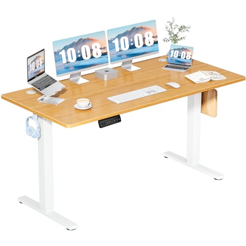 DUMOS 63 Inch Electric Standing Desk, Memory Adjustable Home Office Desk | Sit Stand Up Desk for Work Home Office,Adjustable Desk, Rising Computer Table with Splice Board,Cable Management,Hook,Oak - color: Natural Oak, size: 63-Inch
