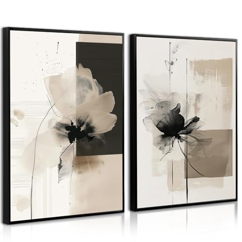 Modern Abstract Floral Wall Art Minimalist Neutral Canvas Painting Decor Beige Cream And Black Wall Art Contemporary Flower Picture Prints for Living Room Bedroom 12x16 Inch Unframed Set of 2 - color: Ink Wash Flower Prints, size: 12x16 Inch Unframed