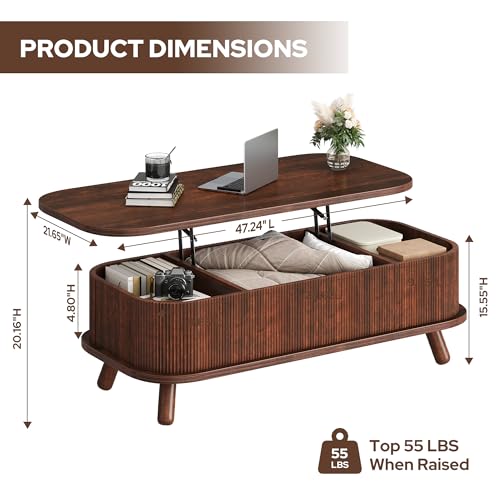 knoworld Fluted Lift Top Coffee Table with Storage, 47" Oval Coffee Table with 3-Partition Hidden Compartment, Mid Century Modern Wood Center Table for Living Room, Work & Dining from Sofa, Walnut