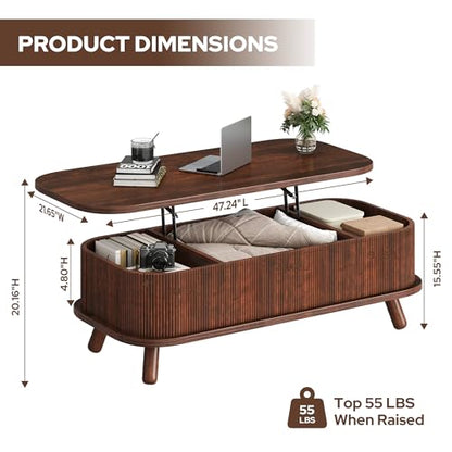 knoworld Fluted Lift Top Coffee Table with Storage, 47" Oval Coffee Table with 3-Partition Hidden Compartment, Mid Century Modern Wood Center Table for Living Room, Work & Dining from Sofa, Walnut