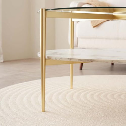 LumFurn Round Coffee Table for Living Room, Mid-Century Modern Design, D30 x H17, 2-Tier Structure, Clear Glass Top and White Marble Finish Wood Shelf, Sleek Conical Metal Legs with Gold Finish Frame - color: D30" Clear & White Marble