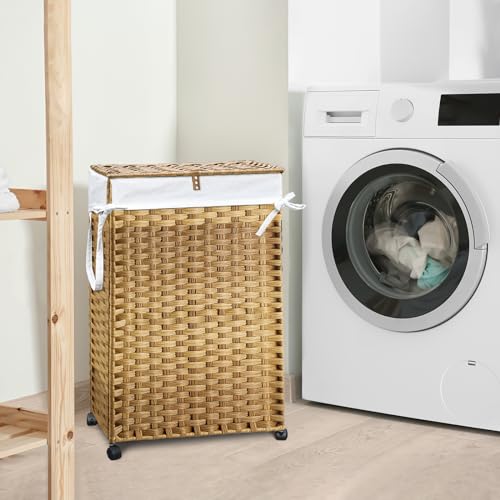 70L Slim Laundry Hamper with Lid & Wheels, 2-Park Rolling Laundry Basket with 4 Removable Liner Bags & 3 Mesh Bags, Narrow Dirty Clothes Basket, Foldable Handwoven Rattan Laundry Sorter, Natural - color: Natural