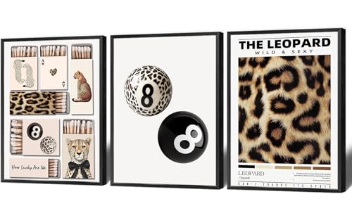 3pcs Trendy 8 Ball Leopard Wall Art Abstract Leopard Prints Matchbox Poster Leopard Eight Ball Wall Prints Retro Cheetah Art Prints Room Decor Aesthetics 60X90CM Black Framed - color: Leopard -1-Black Framed, size: 24L" x 36W"