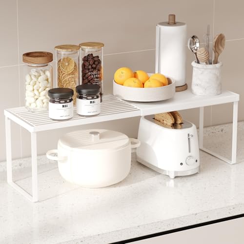 Magheo Expandable Kitchen Countertop Organizer, 1 Pack Stackable Cabinet Shelf Risers, Metal Spice Rack Heavy Duty Counter Organizer Storage for Kitchen, Pantry, Cupboard, Rv (8.7in Height,White) - color: White, size: 1 Pack-8.7in Height