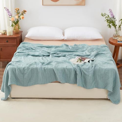 Love's cabin 100% Cotton Muslin Blanket, 6 Layer Lightweight Breathable Gauze Queen Size Blanket 90 x 90 Inches, Soft All Season Blanket for Bed, Cyan - color: Cyan, size: Queen(90"x90")
