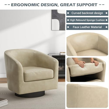 Swivel Accent Chair, PU Leather Upholstered Barrel Club Chair, Cream | Modern Round Armchair | Comfy Reading Seat with Removable Cushion | For Living Room, Bedroom, Office - color: Cream