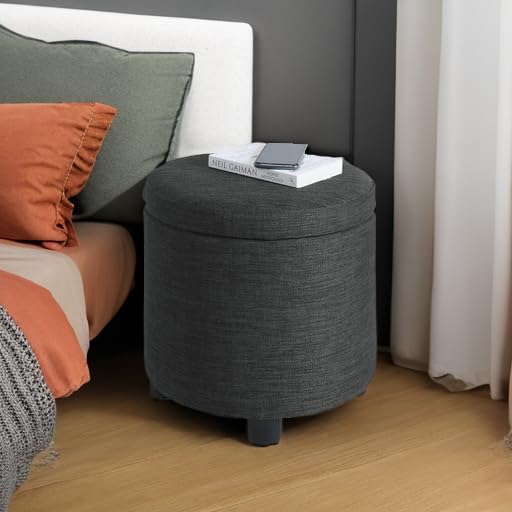 Designs4Comfort Round Accent Storage Ottoman with Reversible Tray Lid - color: Dark Charcoal Gray Fabric