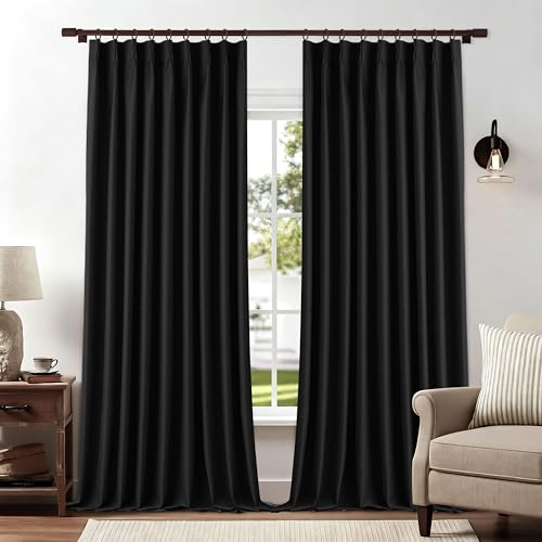 Black Pinch Pleated 100% Blackout Curtains for Bedroom 96 Inches Long Thermal Insulated Linen Curtains for Patio Door Pleated Drapes 1 Panel 60" Wx96 L - color: Black, size: 60"W x 96"L (Pack of 1)