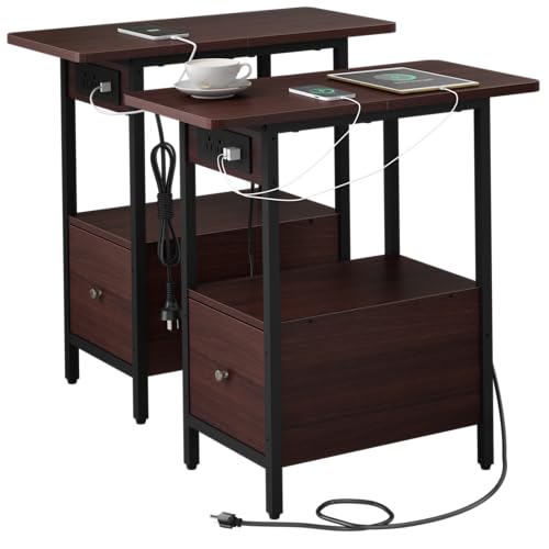 LIDYUK End Table with Charging Station, Narrow Side Table with Drawer | Equipped with USB Ports & Power Outlets, Nightstand Bedside Tables for Small Spaces, Bedroom, Living Room, Dark Cherry - color: Dark Cherry, size: Pack of 2