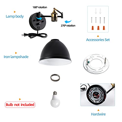 Swing Arm Wall Sconces, Plug-in Wall lamp,Bedroom Wall lamp ， White Fabric Shade，，with dimmable Switch and USB Charging Port, Suitable for Bedside, Living Room, Reading (Metallic Black) - color: Metallic black