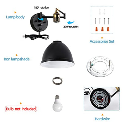 Swing Arm Wall Sconces, Plug-in Wall lamp,Bedroom Wall lamp ， White Fabric Shade，，with dimmable Switch and USB Charging Port, Suitable for Bedside, Living Room, Reading (Metallic Black) - color: Metallic black