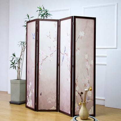 4 Panel Fabric Room Divider with Pattern, 5.6 ft Tall Folding Privacy Screen for Room Separation, Thickened Wood Frame Freestanding Partition Wall, Colourful Plum (67" H x 63" W) - color: Colorful Plum