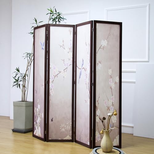 4 Panel Fabric Room Divider with Pattern, 5.6 ft Tall Folding Privacy Screen for Room Separation, Thickened Wood Frame Freestanding Partition Wall, Colourful Plum (67" H x 63" W) - color: Colorful Plum