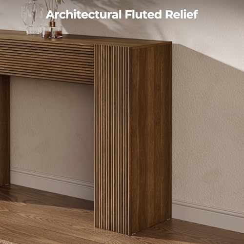 43" Fluted Modern Console Table with Storage, Narrow Entryway Table, Walnut | Skinny Console Tables for Entryway, Small Entryway Table, Farmhouse Sofa Table Behind Couch for Living Room,Hallway,Entrance - color: Walnut