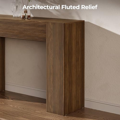 43" Fluted Modern Console Table with Storage, Narrow Entryway Table, Walnut | Skinny Console Tables for Entryway, Small Entryway Table, Farmhouse Sofa Table Behind Couch for Living Room,Hallway,Entrance - color: Walnut
