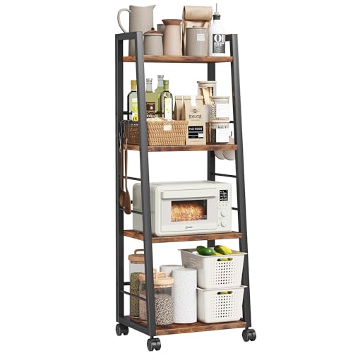 Homeiju 4 Tier Kitchen Storage Cart with Lockable Wheels & 6 Hooks, Mobile Utility Organizer Rolling Cart for Small Spaces, Bar Cart for Kitchen and Living Room, Rustic Brown