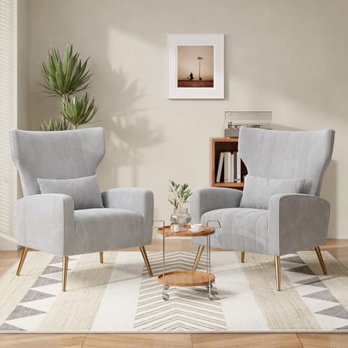 Nebuaegis Velvet Accent Chair Set of 2Wingback for Living Room, High Back Arm Chair with Golden Legs Lumbar Pillow, Upholstered Single Sofa Bedroom LightGray - color: Light Gray, size: Set of 2