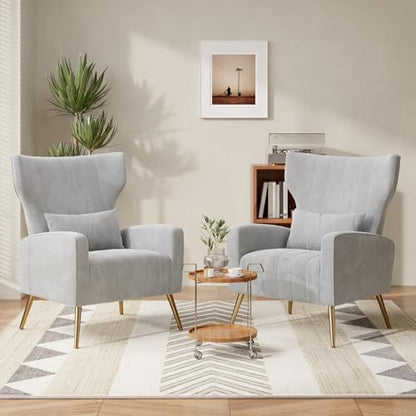 Nebuaegis Velvet Accent Chair Set of 2Wingback for Living Room, High Back Arm Chair with Golden Legs Lumbar Pillow, Upholstered Single Sofa Bedroom LightGray - color: Light Gray, size: Set of 2