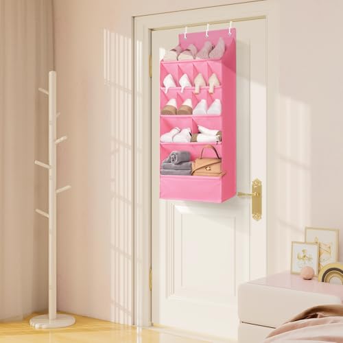 1 Pack Over-the-Door-Shoe-Organizers, Hanging Shoe Organizer Large Pocket | Shoe Holder Hanging Shoe Rack for Closet Shoe Organizer for Wall, Over Door Organizer with 15 Pockets for Boot, Sneaker, Pink - color: PINK, size: 18+ Pairs