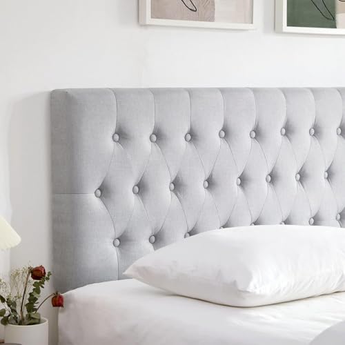 Tufted Upholstered Queen Size Bed Headboard in Modern Button Design, Adjustable Solid Wood Head Board, Premium Linen Fabric Padded Headboards in Bedroom (Smoky Grey) - color: Gray, size: Queen