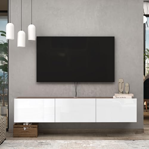 Floating TV Stand Glossy White for 65-80 Inch TV, 63" Wall Mounted TV Stand with Storage, White and Wood Floating Entertainment Center with Cable Management, Floating Media Console for Living Room - color: Wood Like