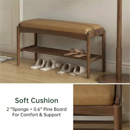 Black Walnut Shoe Bench Assembled, Solid Wood Shoe Rack Bench with Silicone Leather Cushion for Entryway, Living Room, Bedroom, Hallway - color: Brown Cushion, size: 31.5"W