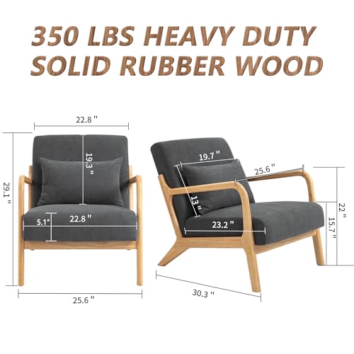 Mid Century Modern Accent Chair with Wood Frame and Linen Fabric Upholstery, Comfortable Lounge Armchair with Pillow, Wooden Accent Chair for Living Room, Bedroom, or Reading Corner - color: Charcoal Grey (Linen + Natural Wood), size: 1-Piece