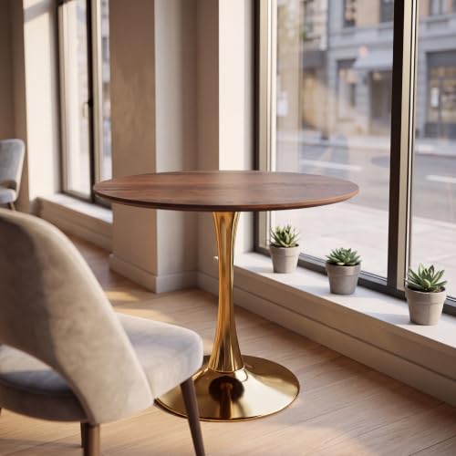 31.5" Round Tulip Dining Table, Circle Tulip Table with MDF Tabletop and Gold Metal Pedestal Base, Mid Century Modern Bistro Table for Kitchen, Dining Room, Cafe (Walnut and Gold) - color: Walnut and Gold