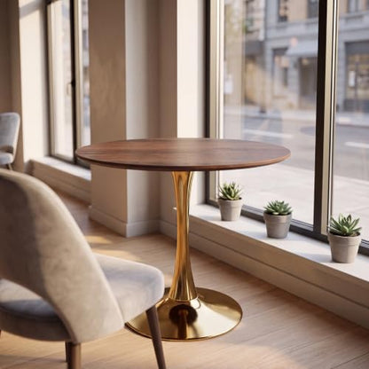 31.5" Round Tulip Dining Table, Circle Tulip Table with MDF Tabletop and Gold Metal Pedestal Base, Mid Century Modern Bistro Table for Kitchen, Dining Room, Cafe (Walnut and Gold) - color: Walnut and Gold