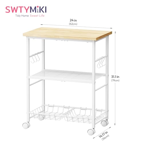 SWTYMIKI Rolling Kitchen Microwave Cart - 3 Tier Microwave Table Stand with Storage Basket and Hooks, Kitchen Utility Cart on Wheels, Coffee Cart Shelf Rack Organizer for Living Room Office, Balcony - color: White