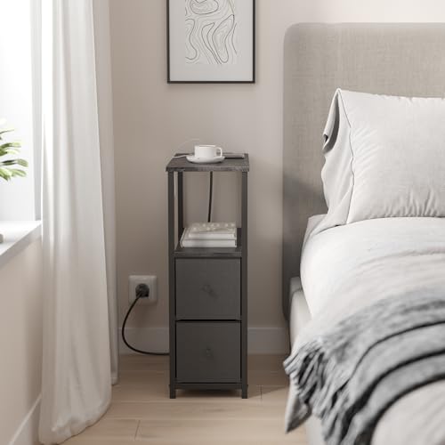 TUTOTAK Narrow LED End Table with Charging Station, Skinny Side Table | Bedside Table with Outlets, Nightstand with 2 Cloth Drawers, Couch Table for Living Room, Bedroom, Charcoal Grey TB01BY056 - color: Charcoal Grey, style: 2 Drawers with Plug & Light