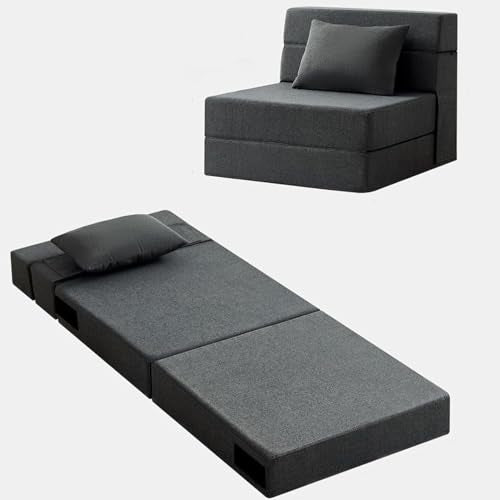 Folding Sofa Bed - Convertible Sleeper Chair with Pillow, Folding Chair Bed, Foam Floor Mattress, Futon Couch, Lazy Sofa for Living Room/Dorm/Guest Room/Home Office,Single，Gray