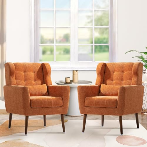 Accent Chair Set of 2, Upholstered Armchair with Pillow, Fabric Single Sofa Chair with Lounge Seat and Wood Legs Accent Chair for Living Room Small Spaces (Orange, Set of 2) - color: Orange, size: Set of 2