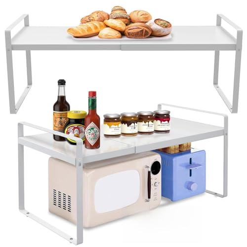 Adjustable Kitchen Shelf Organizer 9", (2 Pack) Heavy-Duty Cabinet Shelves for Countertop, Pantry & Microwave, Expandable Space-Saving Storage Rack with Non-Slip Pads, White - color: 9" wide ( 2 PACK)