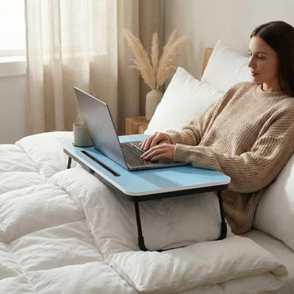 BUYIFY 23.4" Foldable Lap Desk Bed Table with Cup Holder Tray Blue | Portable Folds Flat for Easy Storage, No Assembly Laptop Bed Desk, Sturdy and Lightweight, Patent Design - color: Blue