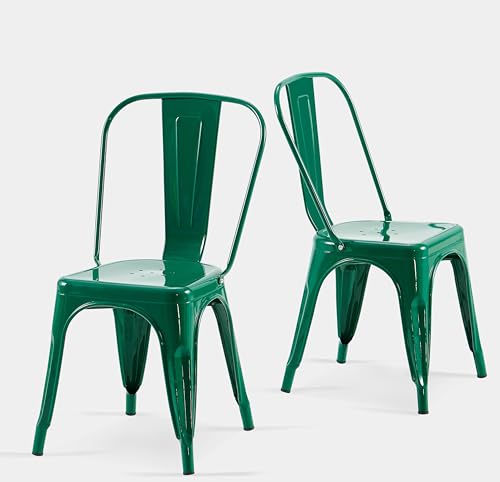 Green Metal Dining Chairs Set of 2 Alpine Green Color | Industrial Stackable Metal Tolix Chairs for Dining Room Farmhouse Bistro Indoor Outdoor - color: Alpine Green