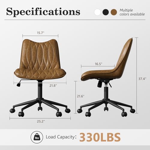 Armless Office Chair, Swivel Rolling Leather Desk Chair, Brown | Waterproof Upholstery, Padded Seat, 15° Relaxing Tilt, 330 LBS Capacity, for Bedroom Vanity and Computer Work - color: Brown
