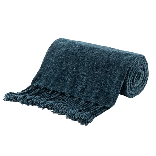 BATTILO HOME Navy Blue Chenille Throw Blanket for Couch, Soft Cozy Textured Knit Throw Blanket with Handmade Fringe Tassels, Lightweight Decorative Farmhouse Blanket for Sofa Bed Chair, 50"x60" | Soft Chenille Knit with Handmade Fringe Tassels, Lightweigh
