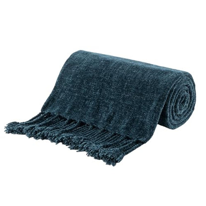 BATTILO HOME Navy Blue Chenille Throw Blanket for Couch, Soft Cozy Textured Knit Throw Blanket with Handmade Fringe Tassels, Lightweight Decorative Farmhouse Blanket for Sofa Bed Chair, 50"x60" | Soft Chenille Knit with Handmade Fringe Tassels, Lightweigh