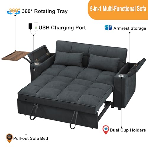 66" Multi-Functional Pull-Out Sofa Bed with Hidden Side Table, Storage Armrests, Built-in Charging Port, Spring Mattress, Solid Wood Frame – Ideal for Small Spaces, Easy Assembly - color: Black-d-l