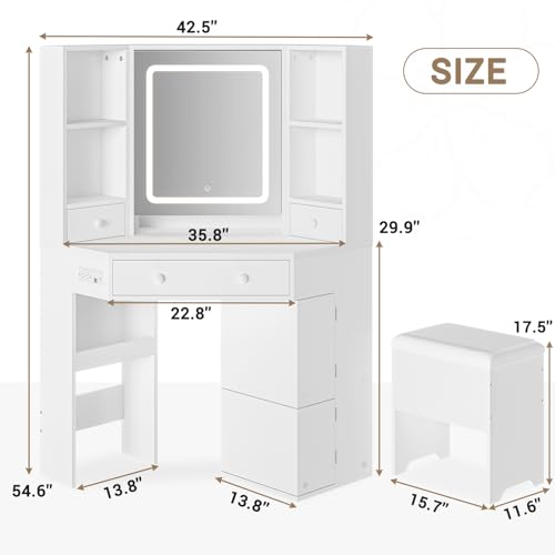 Corner Vanity Desk with Lights and Charging Station, Makeup Vanity with Lights, Vanity Set with Mirror and Storage Stool, Makeup Table with Drawers, Rotating Shelves, White - style: Modern White