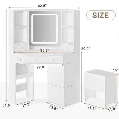Corner Vanity Desk with Lights and Charging Station, Makeup Vanity with Lights, Vanity Set with Mirror and Storage Stool, Makeup Table with Drawers, Rotating Shelves, White - style: Modern White