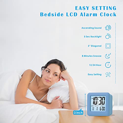 Plumeet Digital Alarm Clock Kids Clock with Snooze and White Nightlight - Easy Setting Travel Alarm Clocks Display Time, Date, Alarm - Ascending Sound - Battery Powered (Baby Blue) - color: Baby Blue