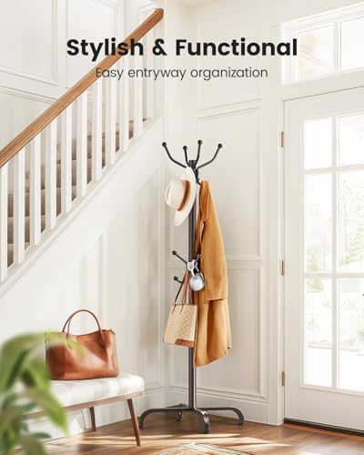 Pipishell Coat Rack with 14 Hooks, Freestanding Coat Rack Stand for Entryway, Hallway, Bedroom, and Office, Metal Coat Tree & Hat Rack for Coats, Hats, and Bags, Brown | Durable metal frame, stable four-point base, 2 hook heights for adults and kids, smoo