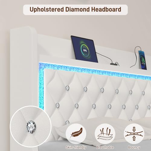 Twin Bed Frame with LED Lights & Charging Station, Upholstered Bed Frame Twin Size with Storage Headboard & 2 Drawers, Diamond Tufted, Curved Wingback, PU Leather, No Box Spring Needed, White - color: White, size: Twin