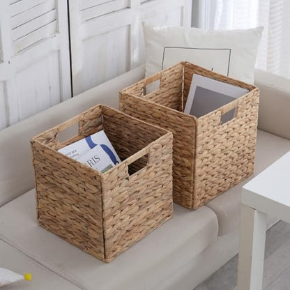 Wicker Storage Baskets, Foldable Cube Bins, 11.2 Inch, 4-Pack | 4-pack foldable 11.2" water hyacinth wicker cube baskets; collapsible storage bins for shelves, closets, offices and home. - size: 4PC, style: Foldable