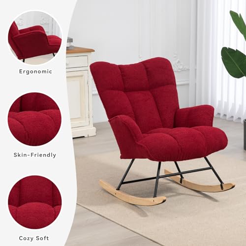 Rocking Chair Nursery Teddy Upholstered Glider Rocker Rocking Accent Chair Padded Seat with High Backrest Armchair Comfy Side Chair for Living Room Bedroom Offices (Burgundy Teddy) - color: Burgundy