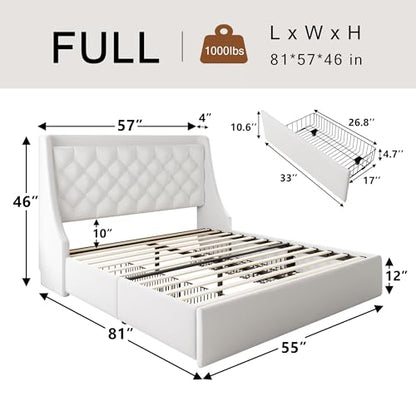 Einhomn Full Size Bed Frame with 4 Storage Drawers, Upholstered Bed Frame with Large Wingback Headboard, Charging Station, No Box Spring Needed, White - color: White, size: Full