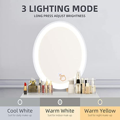 YOURLITE Makeup Vanity Table Set with 3 Modes Adjustable Lighted Mirror Cushioned Stool, Dressing Table for Small Space | 3 Lighting Modes, Adjustable Brightness, Cushioned Stool, Dressing Table, Compact Design, for Small Spaces - size: 24", style: Oval M