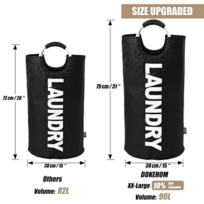DOKEHOM 90L Large Laundry Basket Bag, Collapsible Tall Hamper, Black | Freestanding tall washing bin & foldable laundry bag. High-capacity clothes storage basket with durable sturdy handles - color: Black, size: 90L